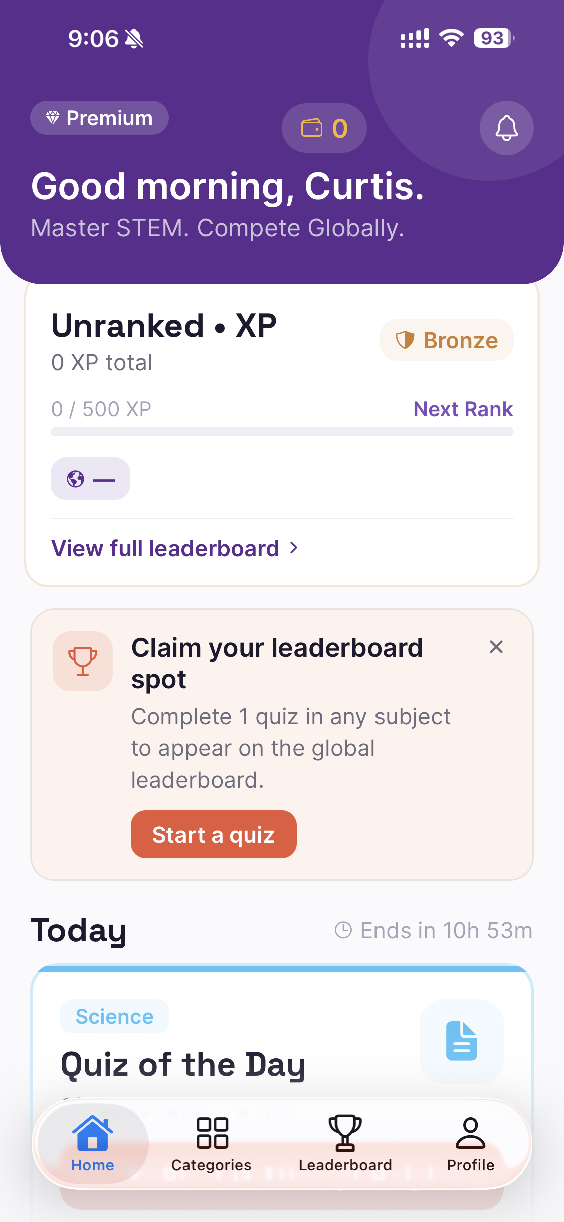 STEMQuiz home screen